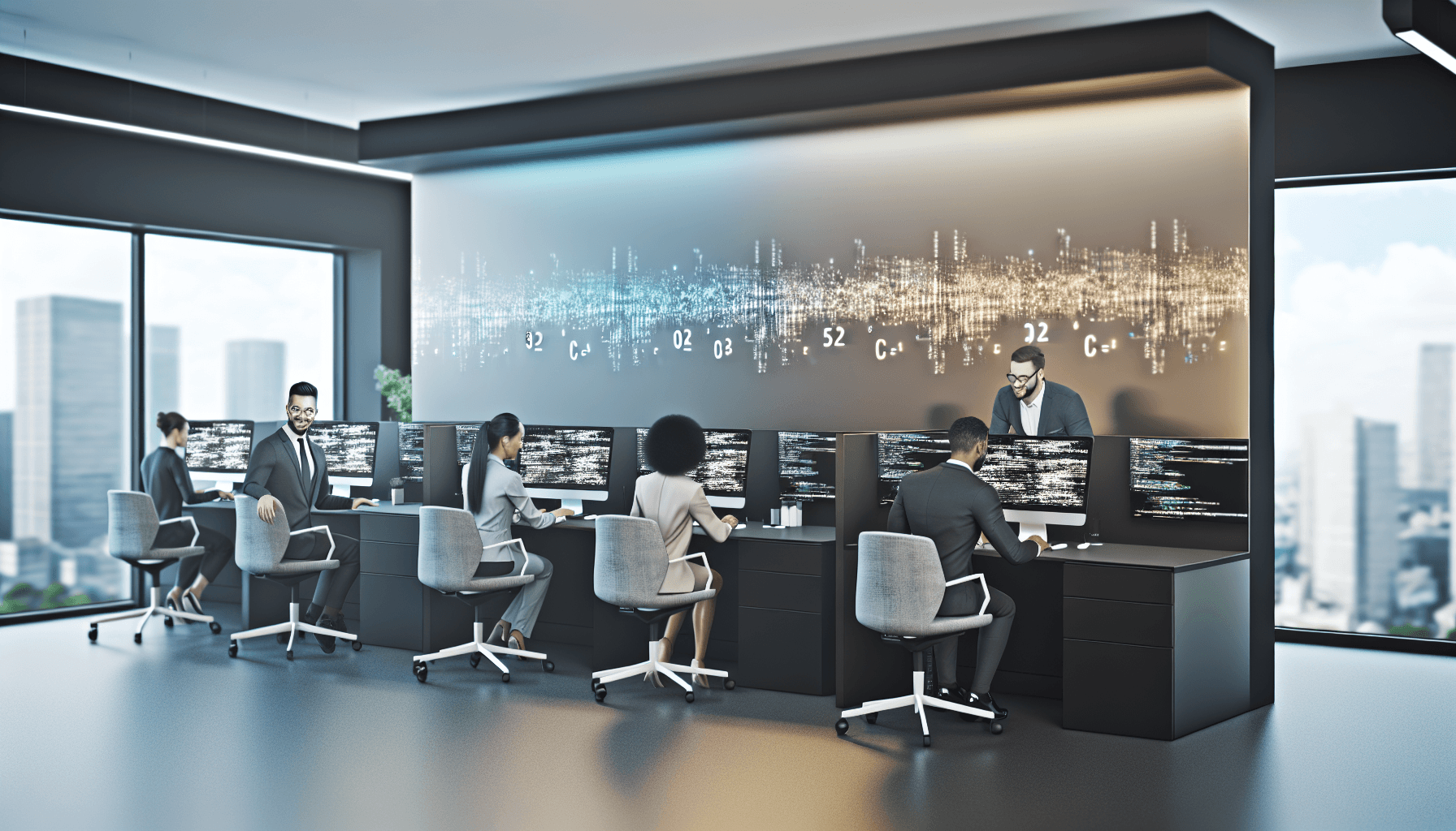 Developers collaborating in a modern office with high-tech equipment and large screens.