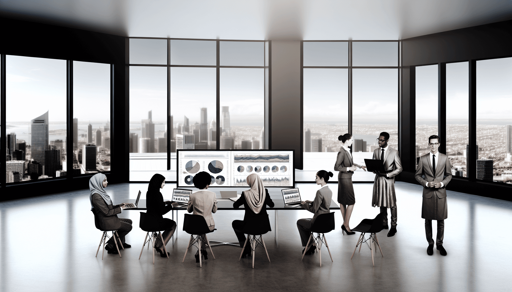 Diverse IT professionals working in a modern office with cityscape view.