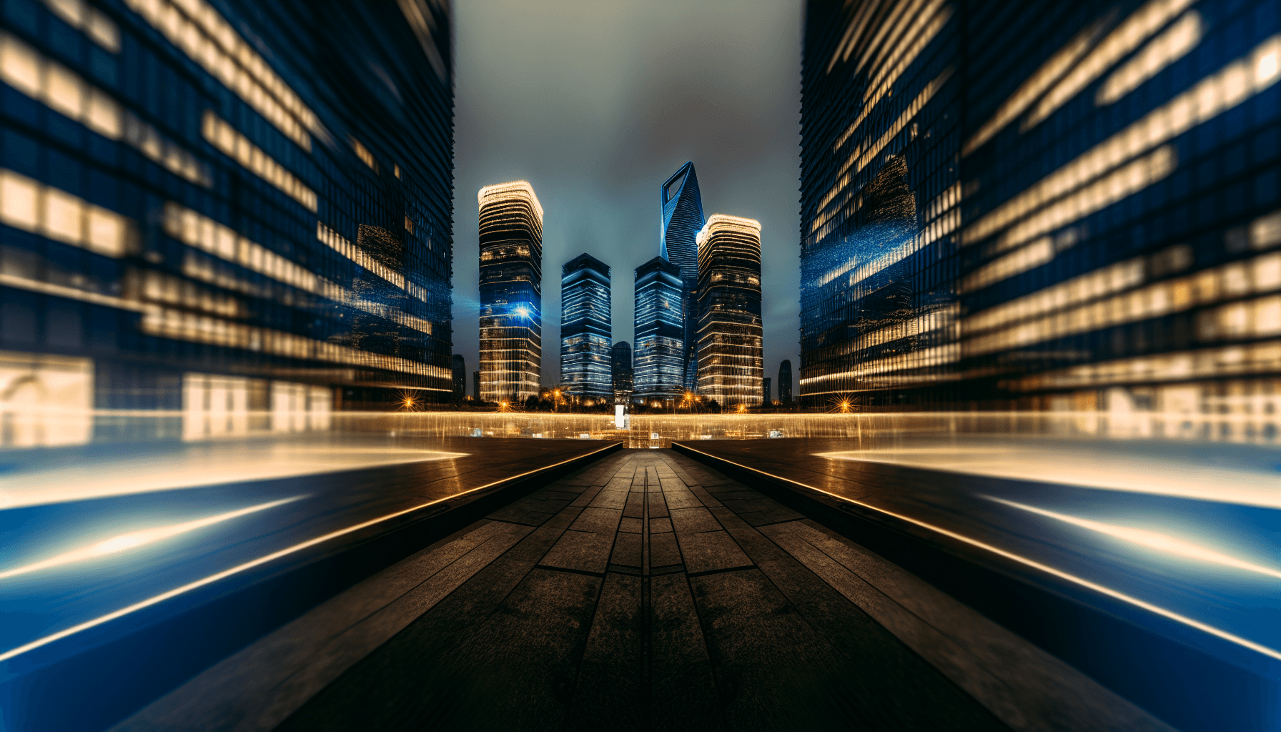 Futuristic cityscape at dusk with skyscrapers illuminated by blue and gold lights.
