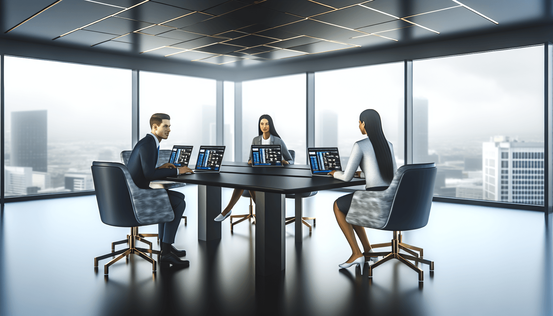 A diverse team of professionals working in a modern office with laptops showing database schemas.