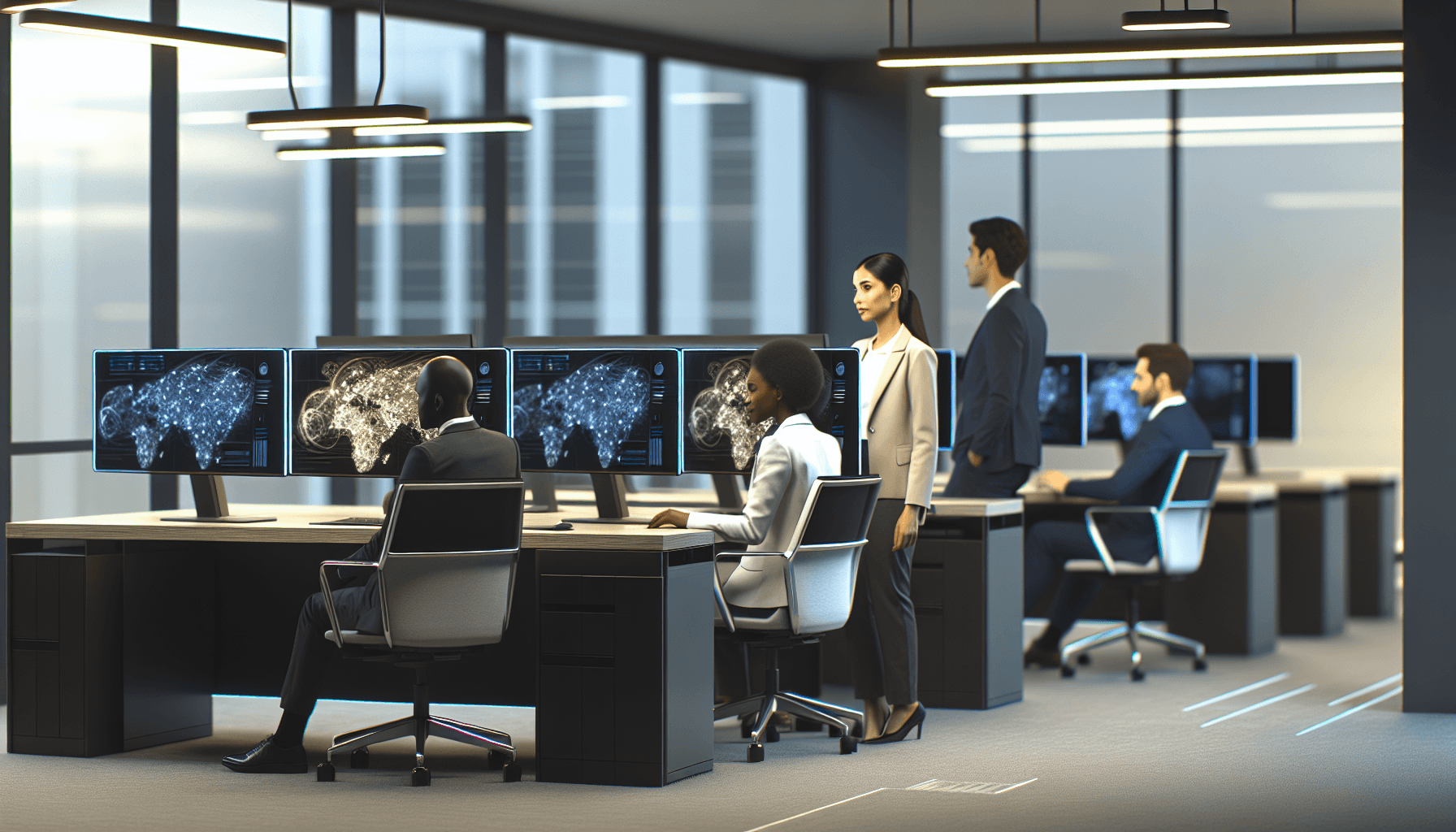 A diverse team working in a modern office with advanced technology, representing collaboration in AI/ML projects.