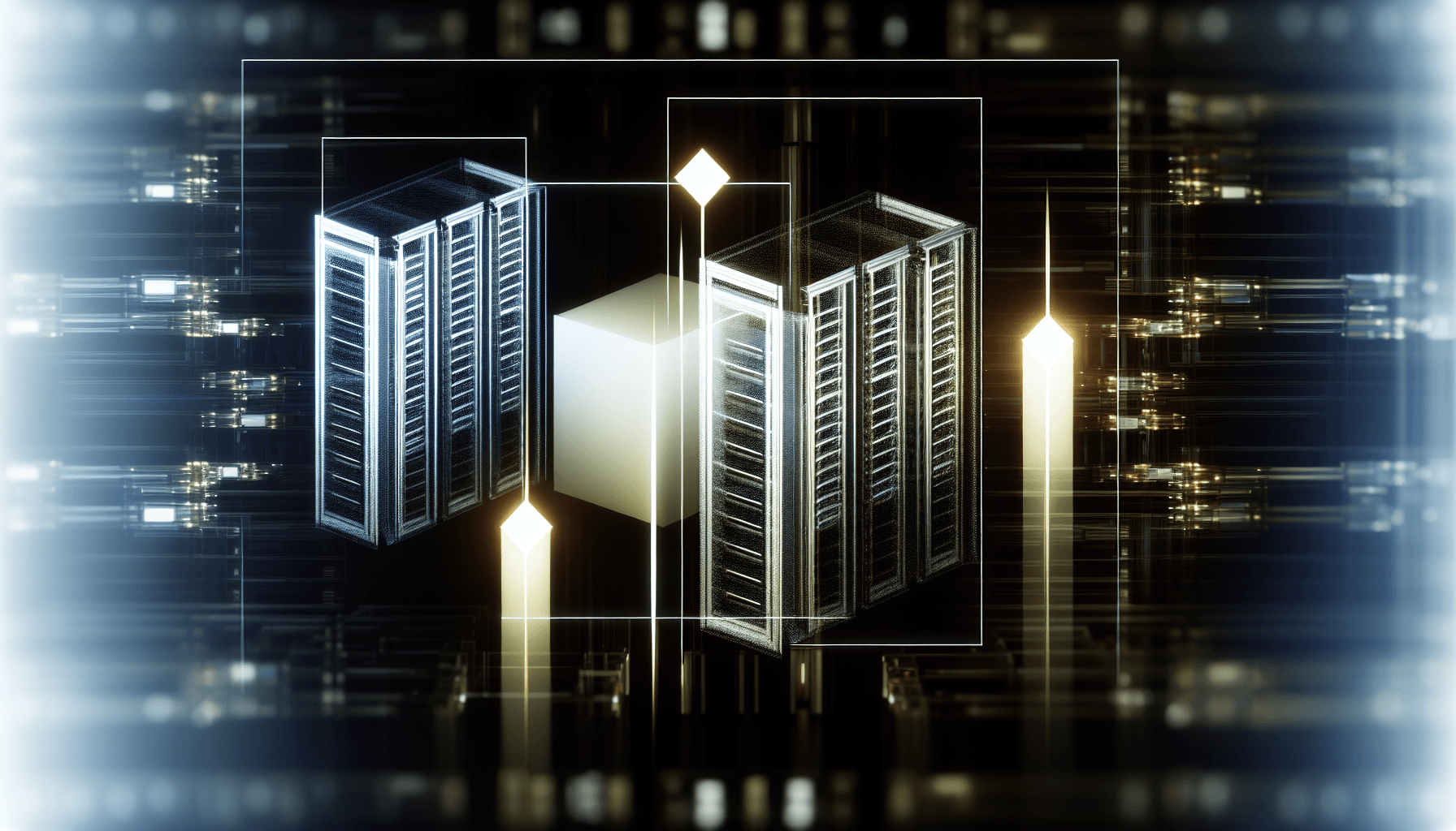 A minimalist illustration of a futuristic data center with geometric patterns, representing AI/ML orchestration.