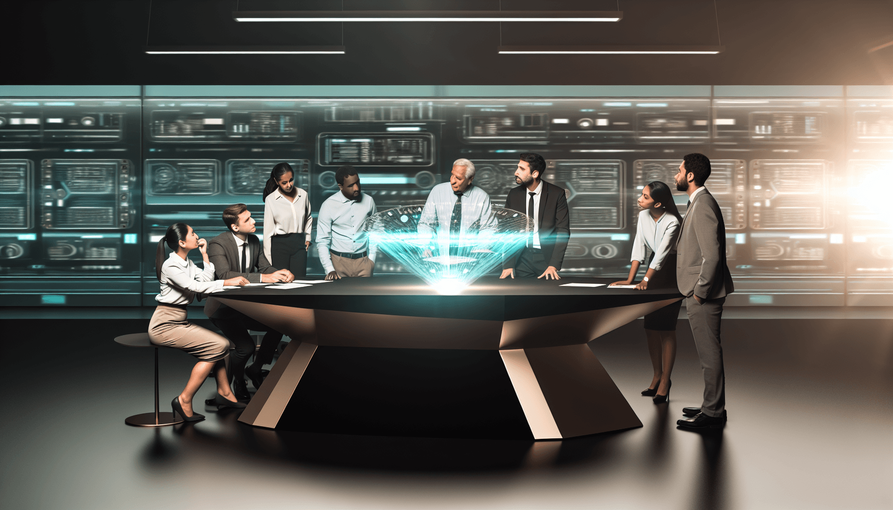 Engineers collaborating in a modern tech workspace with holographic quantum circuits.