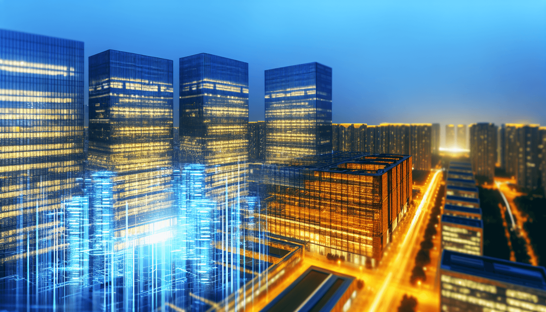 Futuristic cityscape at dusk with modern architecture and illuminated buildings, symbolizing tech infrastructure growth.