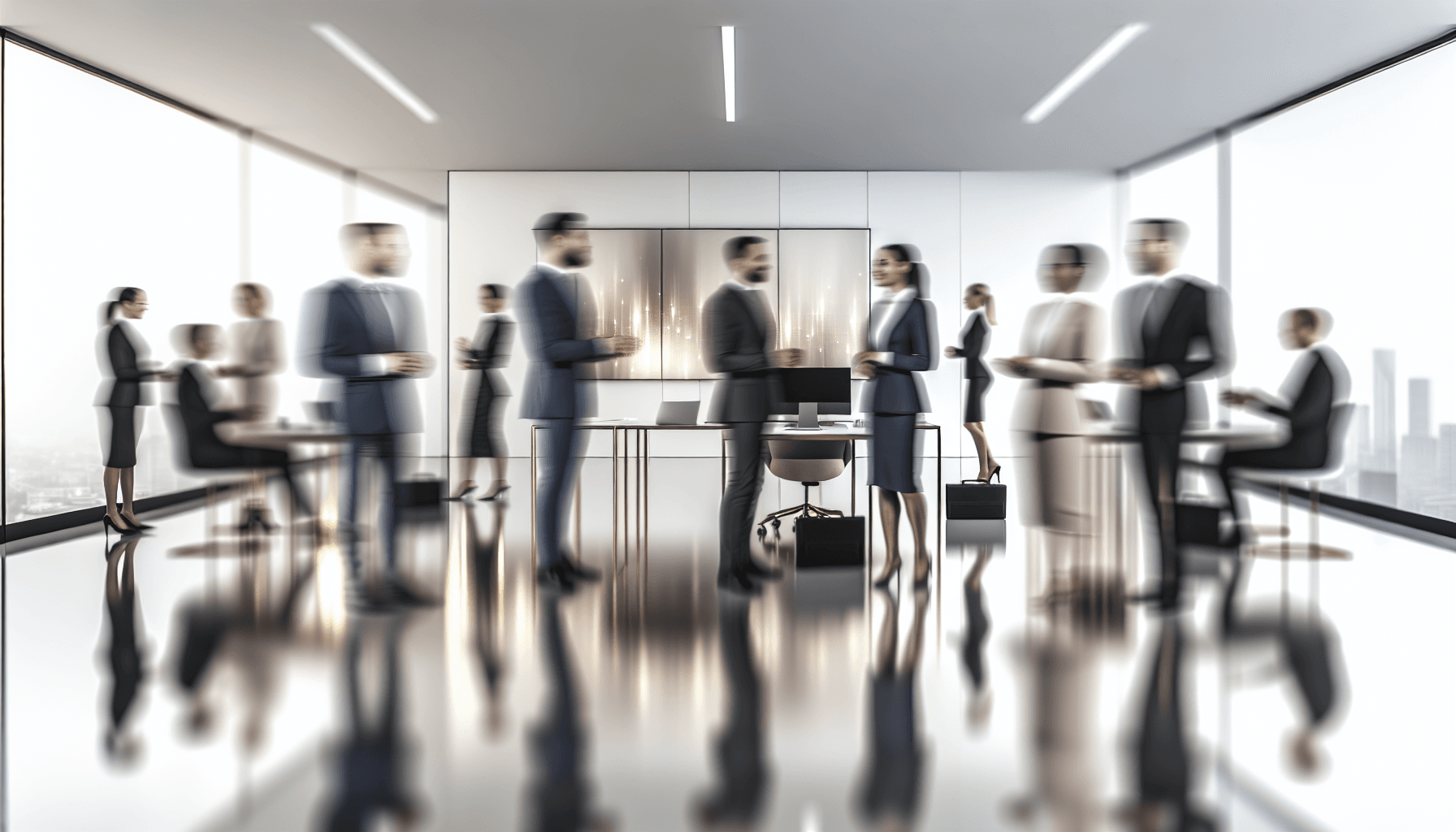 Modern office scene with diverse professionals collaborating, emphasizing technology and teamwork in a sleek environment.