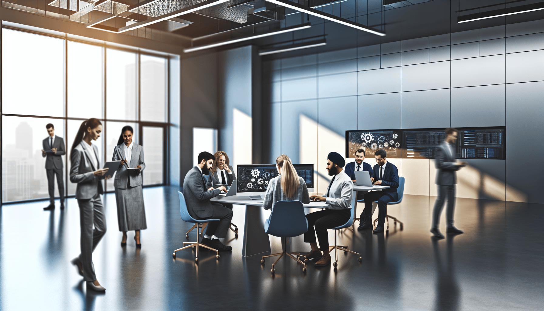 A diverse team of developers collaborating in a modern tech office, emphasizing teamwork and technology.
