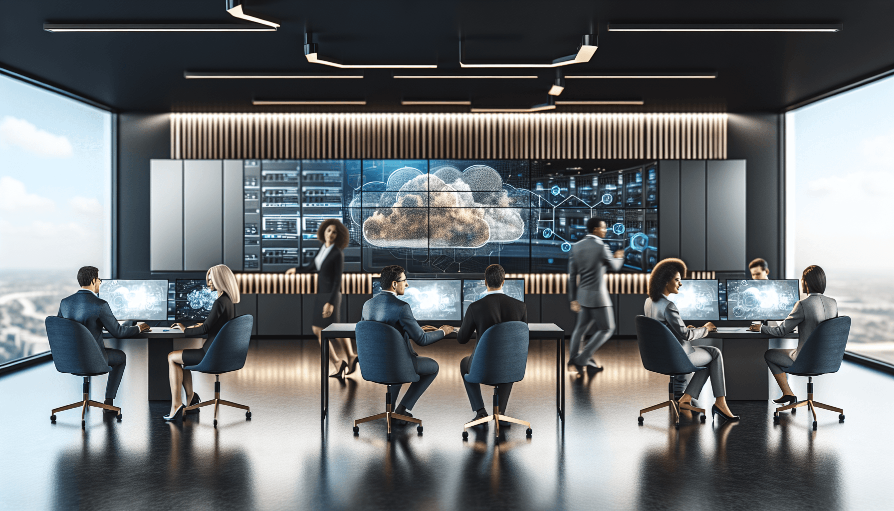 A group of diverse professionals collaborating in a modern office with advanced technology displays, representing cloud infrastructure.