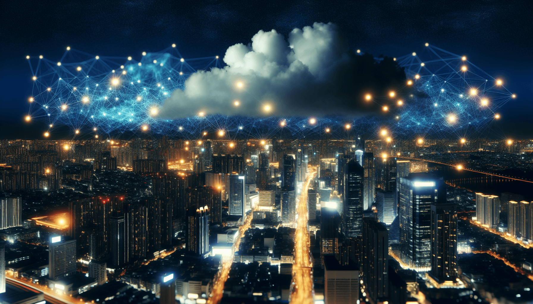 A nighttime cityscape with illuminated skyscrapers and a network of lights, symbolizing data flow and connectivity in cloud environments.