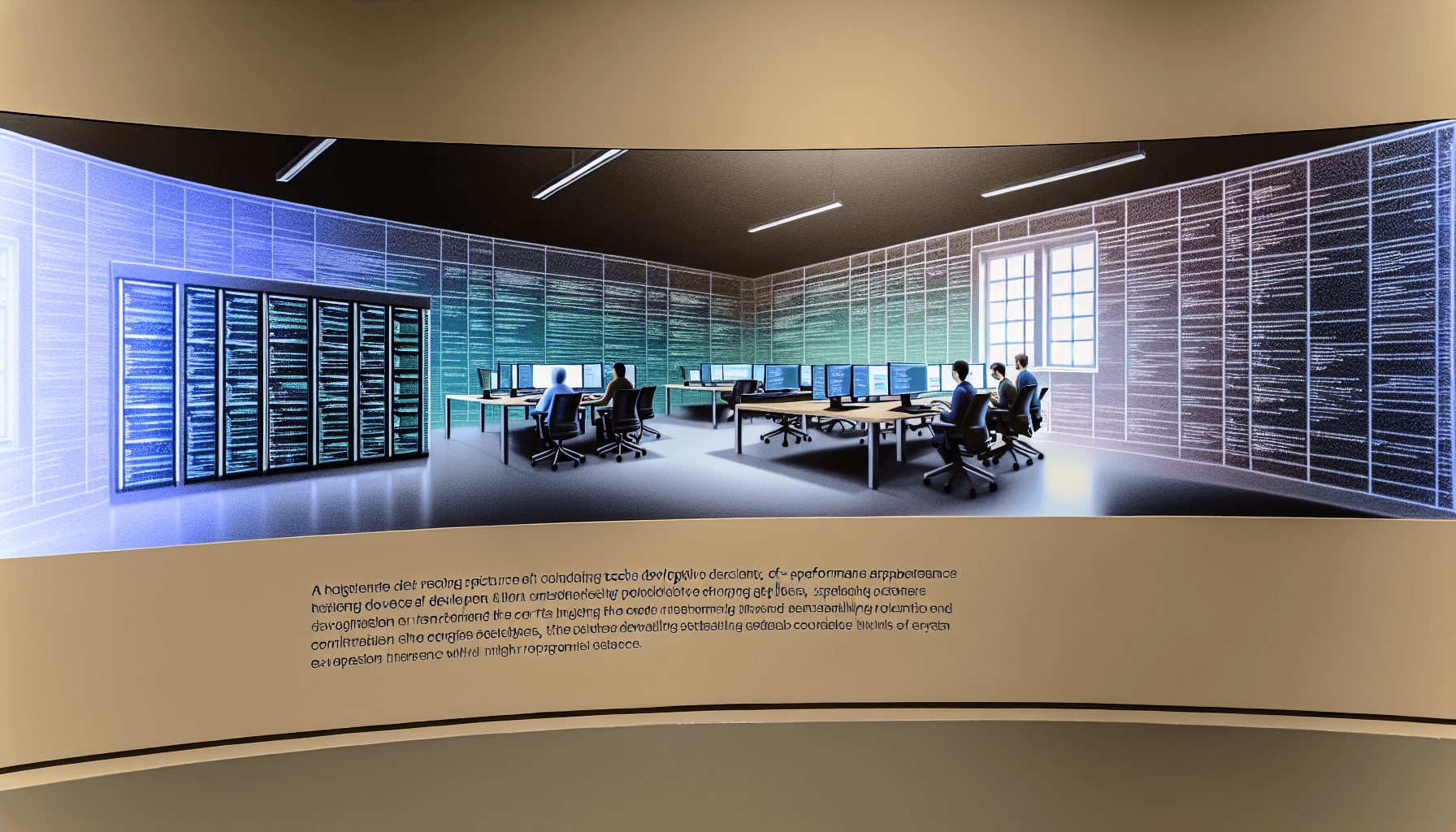 Developers collaborating in a modern tech workspace with computers displaying code, showcasing a high-performance application development environment.