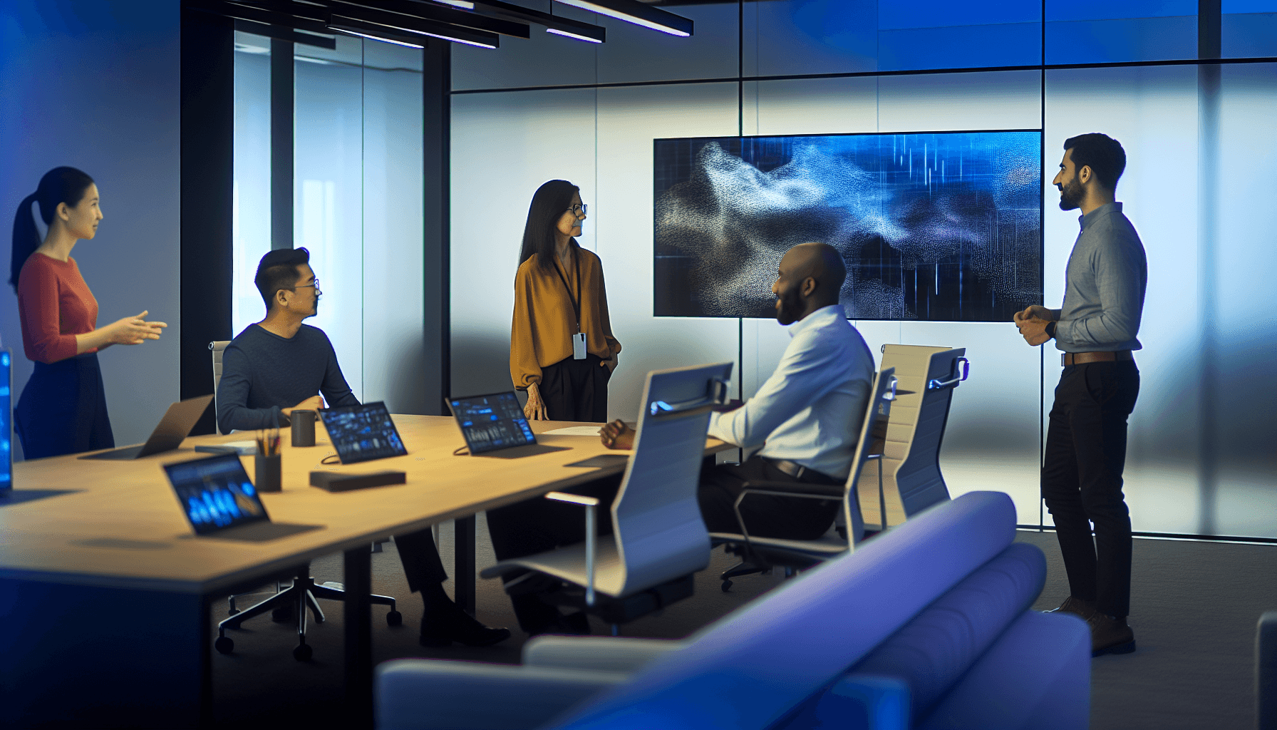 Tech professionals in a modern office engaged in a collaborative meeting with advanced technology displays.