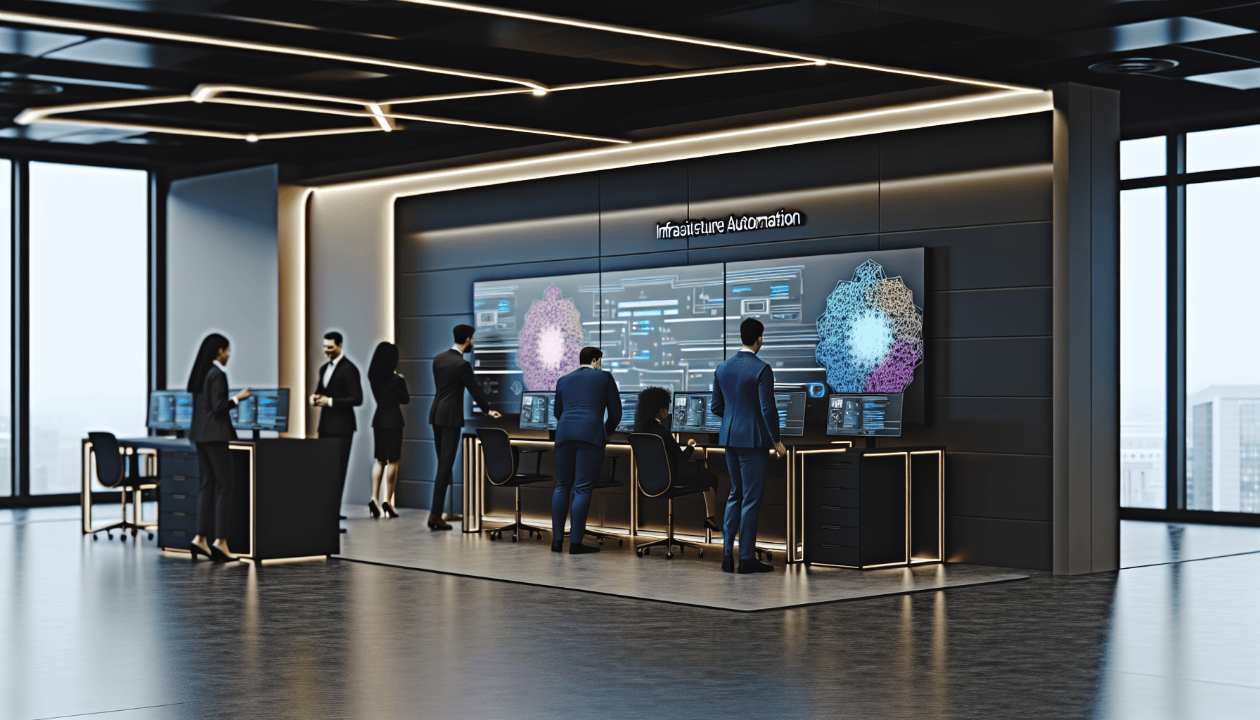 A diverse team of DevOps engineers collaborating in a modern office workspace with a digital display.