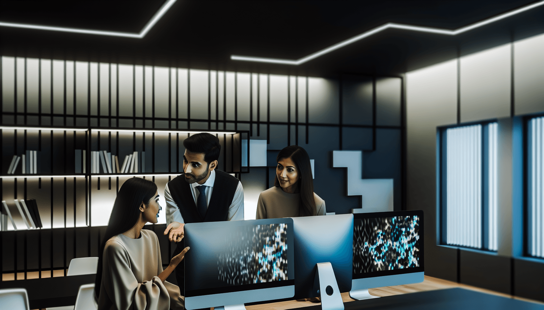 A diverse team of professionals working in a sleek, modern office with computer screens displaying abstract data patterns.