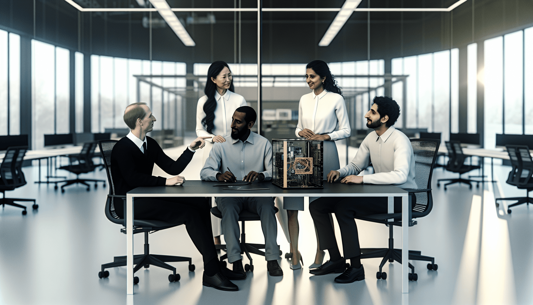 Engineers collaborating in a modern office with advanced quantum computing hardware.