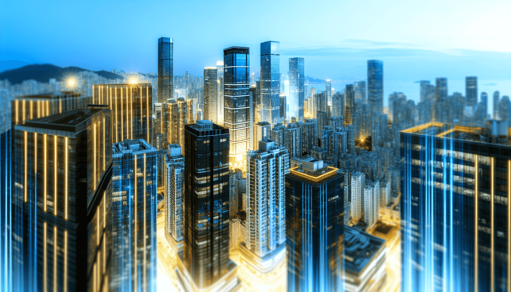 Futuristic cityscape at dusk symbolizing technological advancement and automation.
