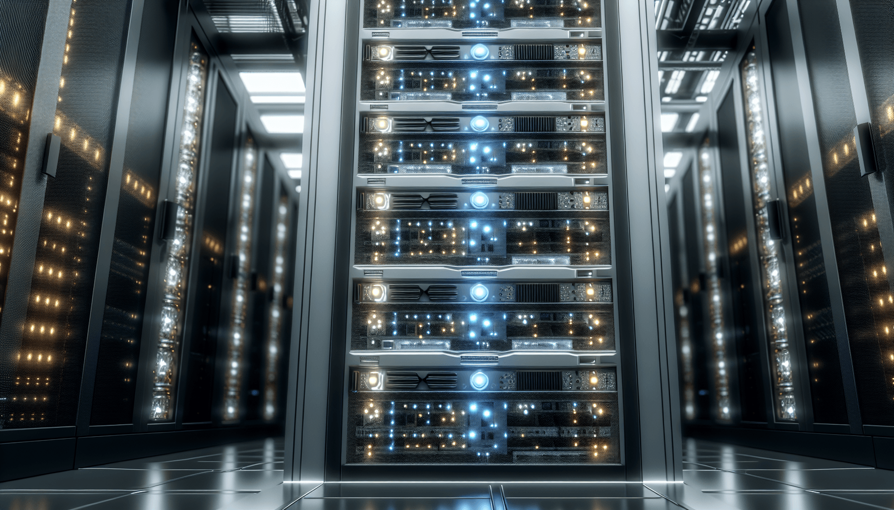 Futuristic server racks with glowing LED indicators in a dimly lit data center.