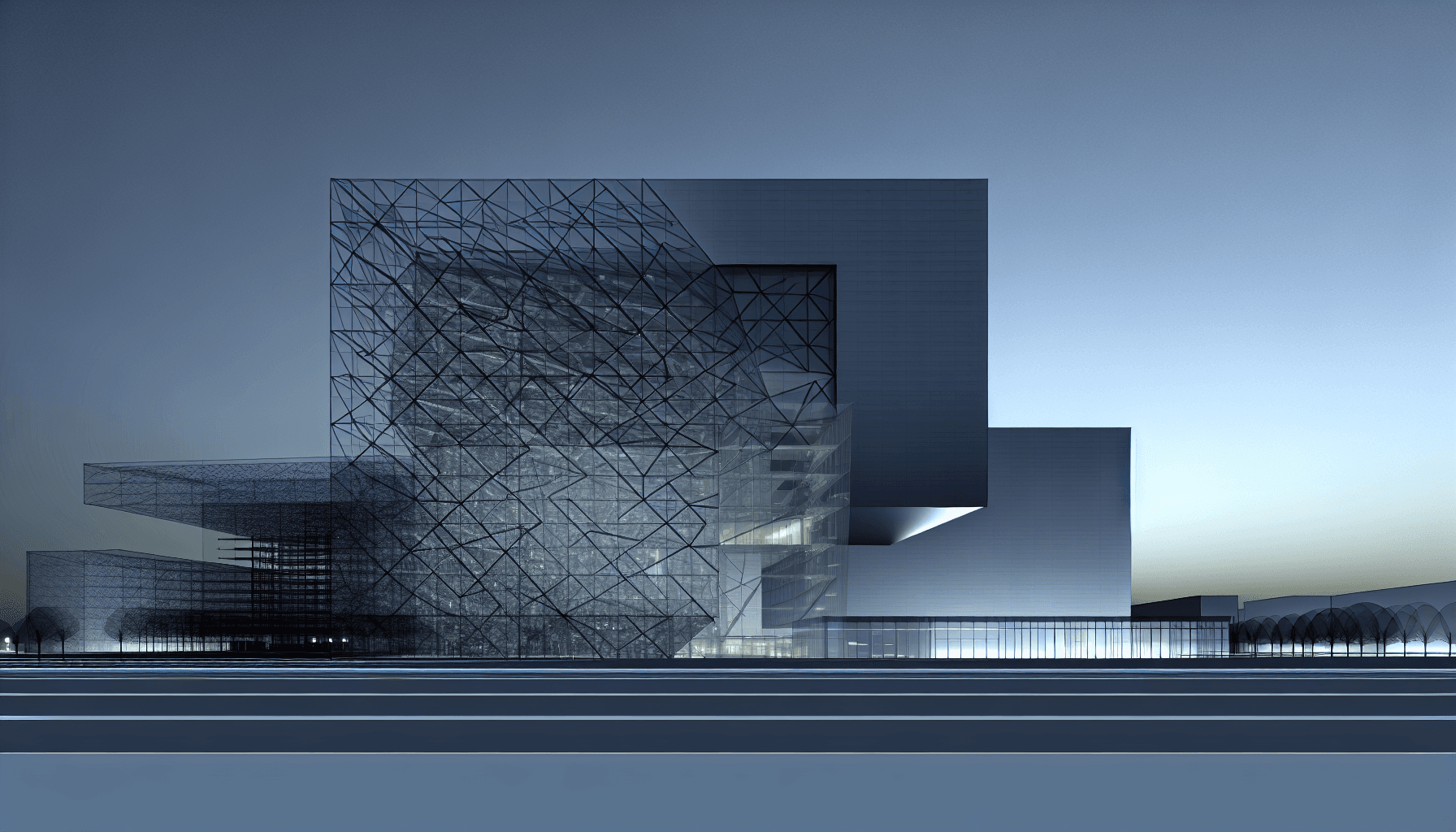 The exterior of a sleek technology building at dusk with reflective glass surfaces.