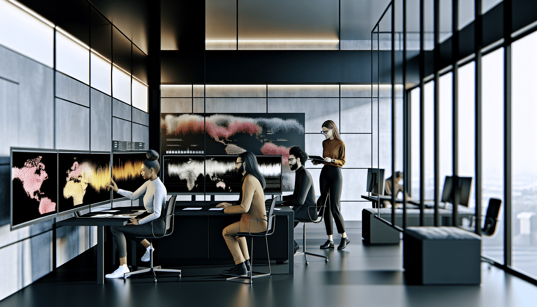 A diverse team of IT professionals working in a modern, high-tech office space with abstract data visualizations on screens.