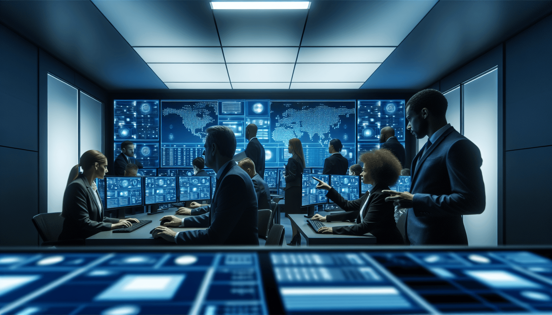 A diverse team of cybersecurity engineers working in a modern security operations center surrounded by screens displaying abstract data.