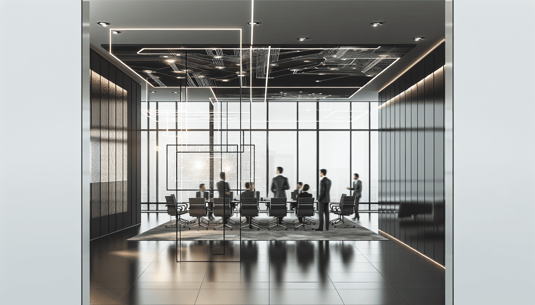 A diverse team of professionals in a modern office during a collaborative meeting with advanced technology present.