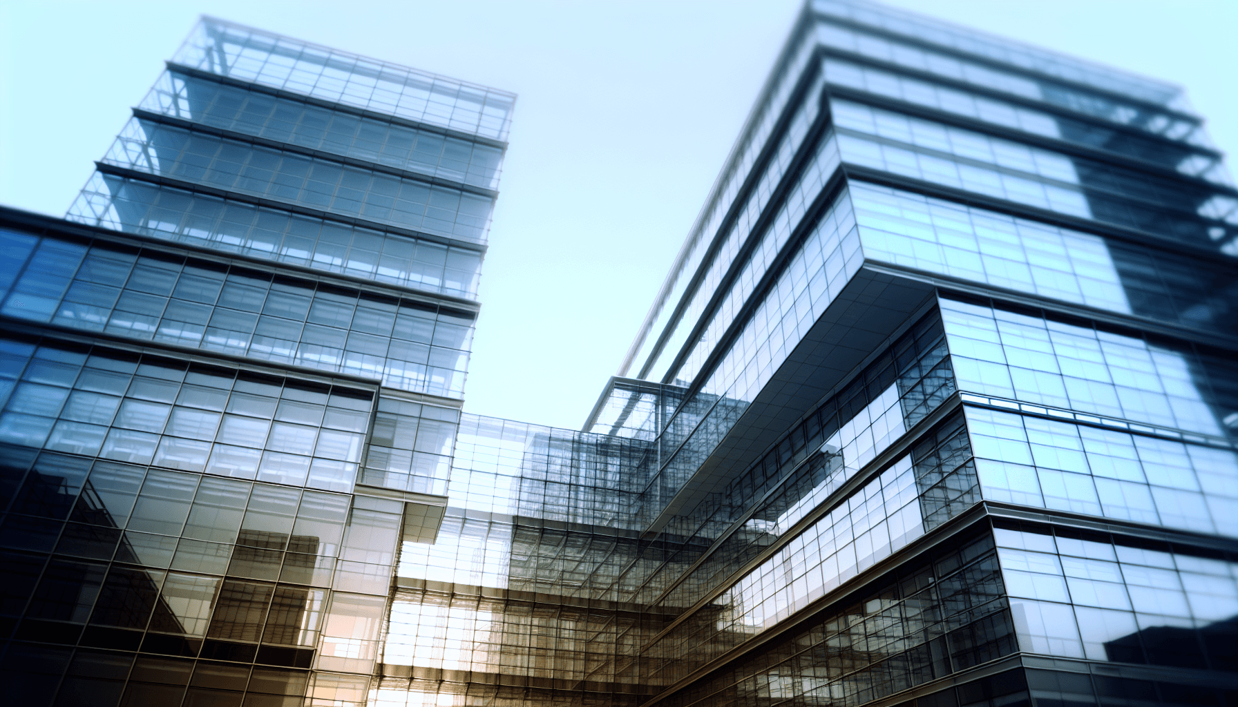 A futuristic office building with glass facades and a cityscape reflection.