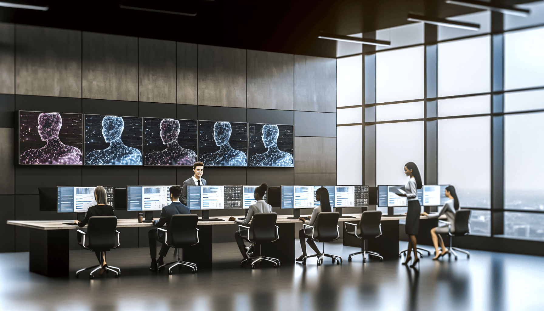 A modern office with professionals working on computers, symbolizing AI-driven recruitment.