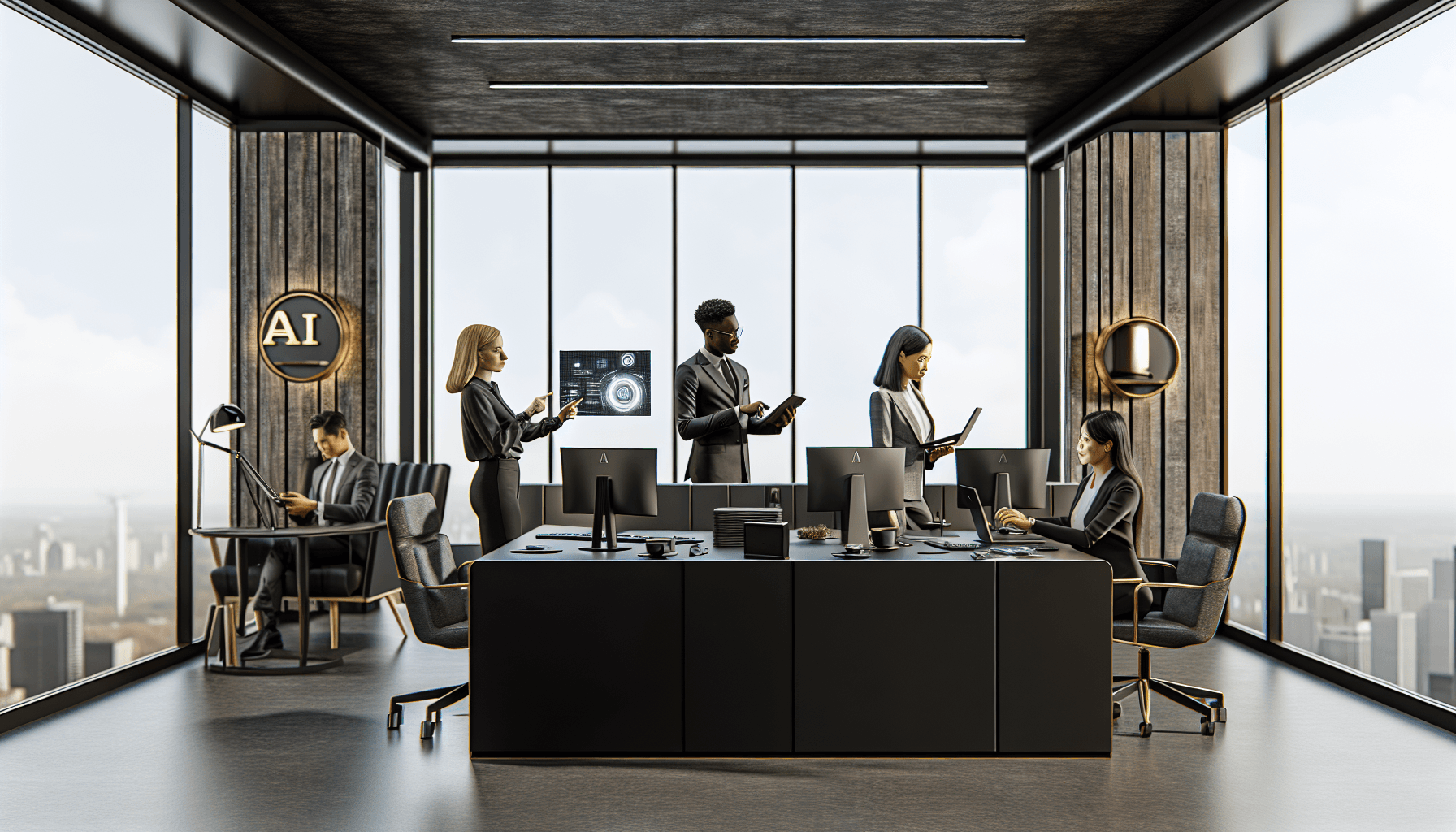 A team of professionals working with an AI interface in a modern office setting.
