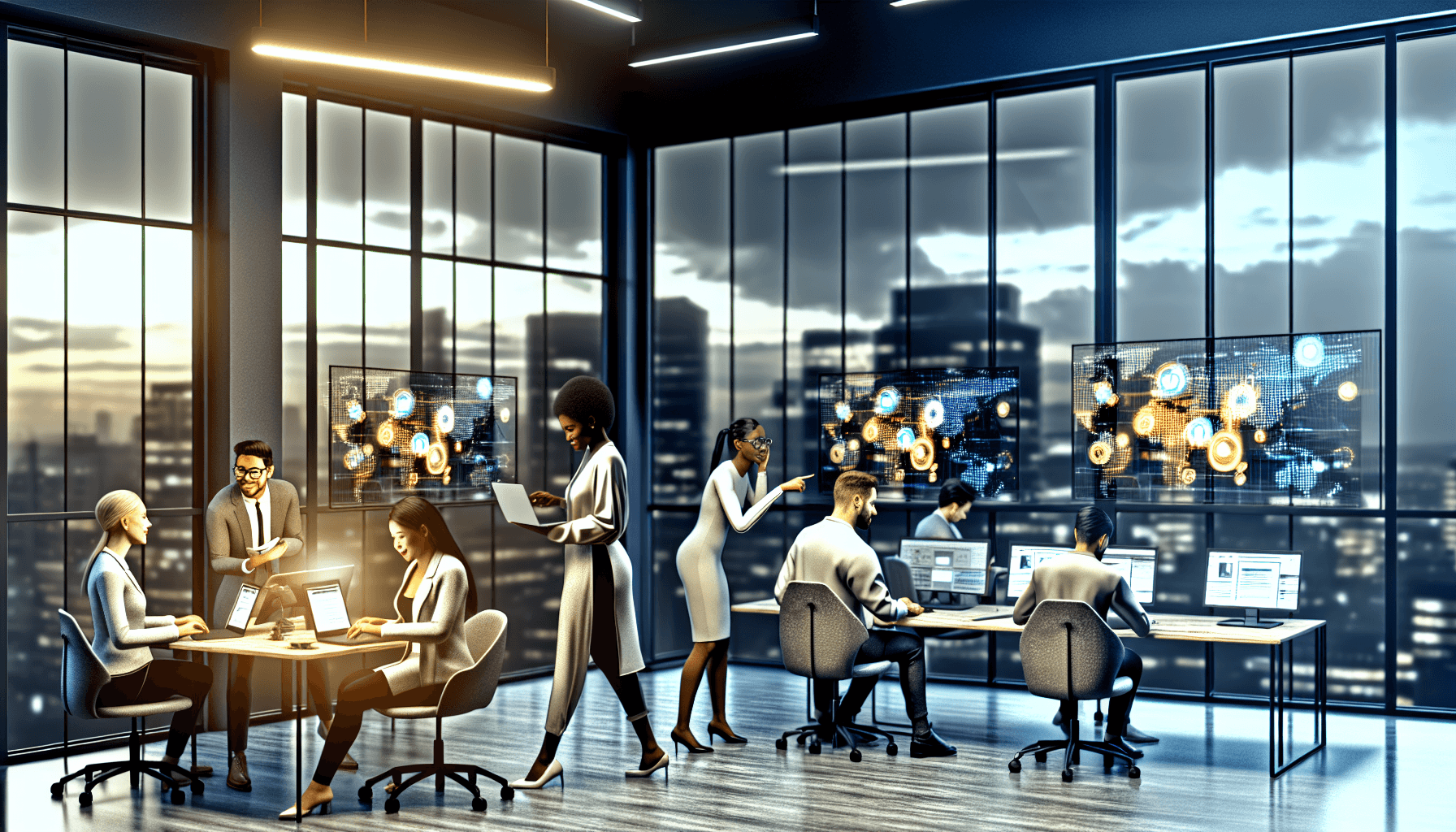 Business professionals collaborating in a modern office with city view, showcasing a tech-driven environment.