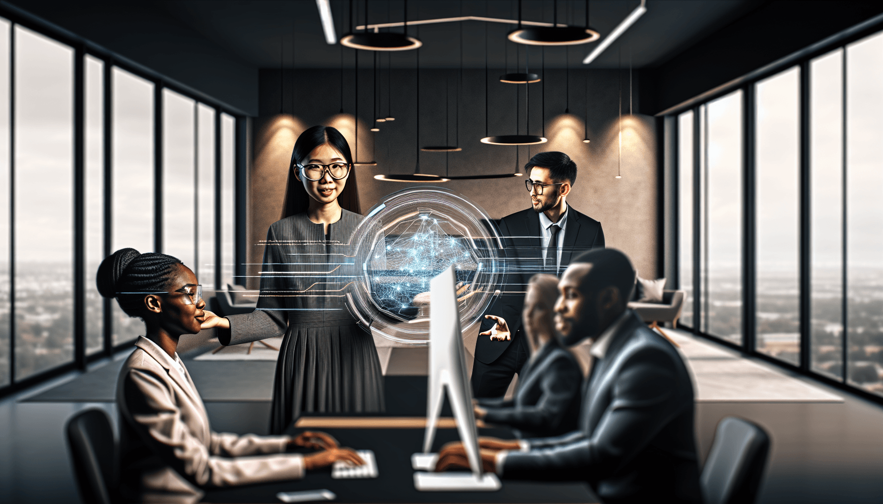 Cybersecurity team working in a modern office with a digital interface showing network data.