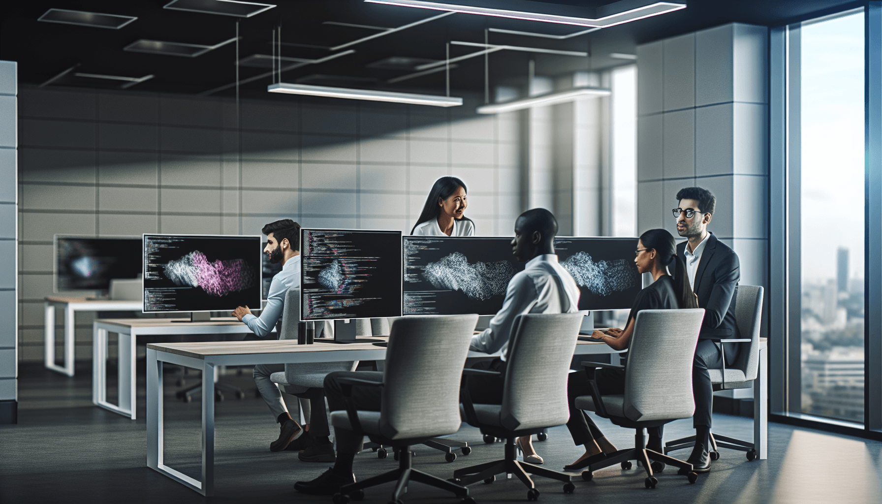 Diverse team of tech professionals collaborating in a modern office with advanced technology.