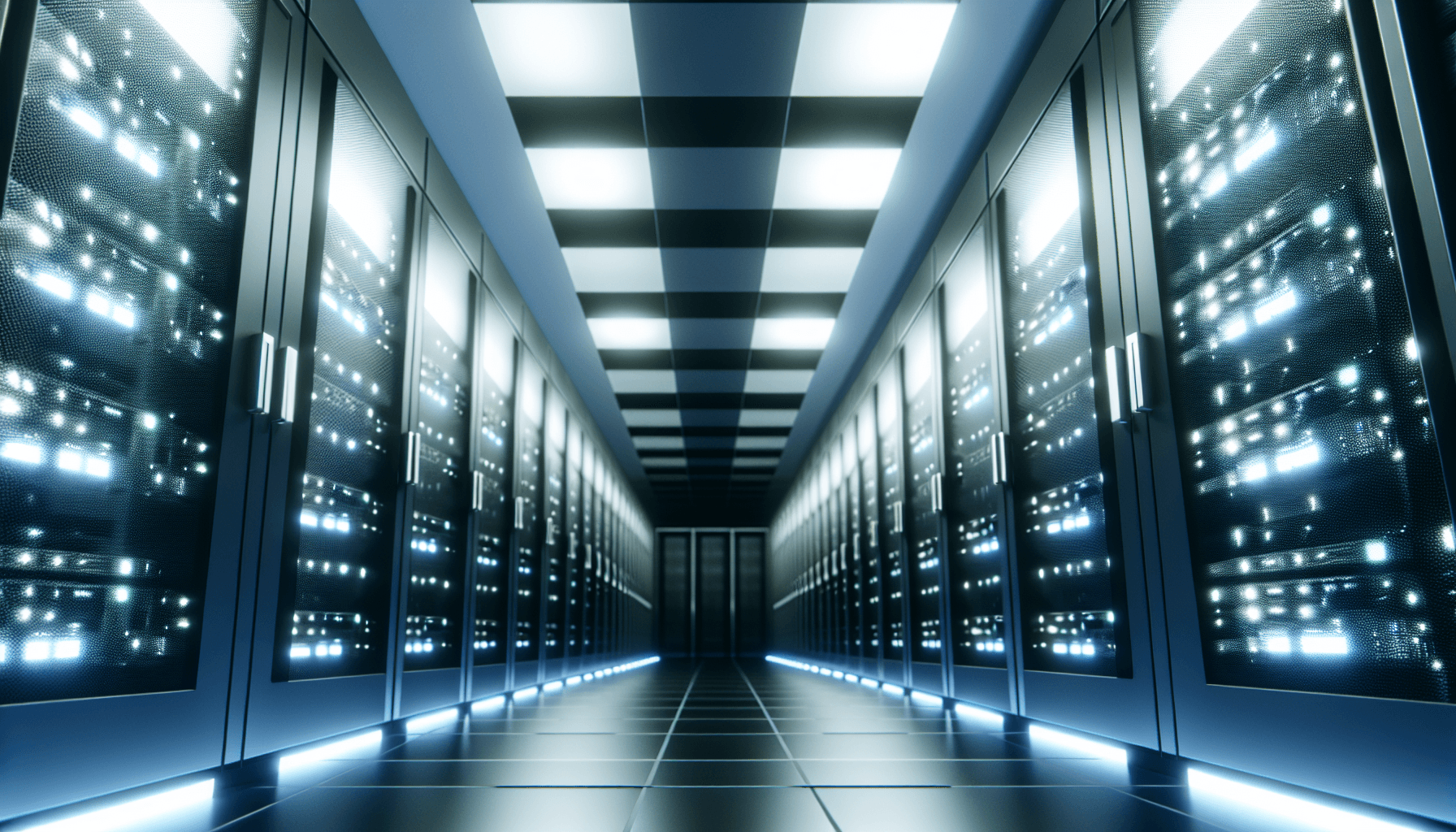 Futuristic server room with sleek, high-tech servers and LED lighting, representing advanced cloud technology.