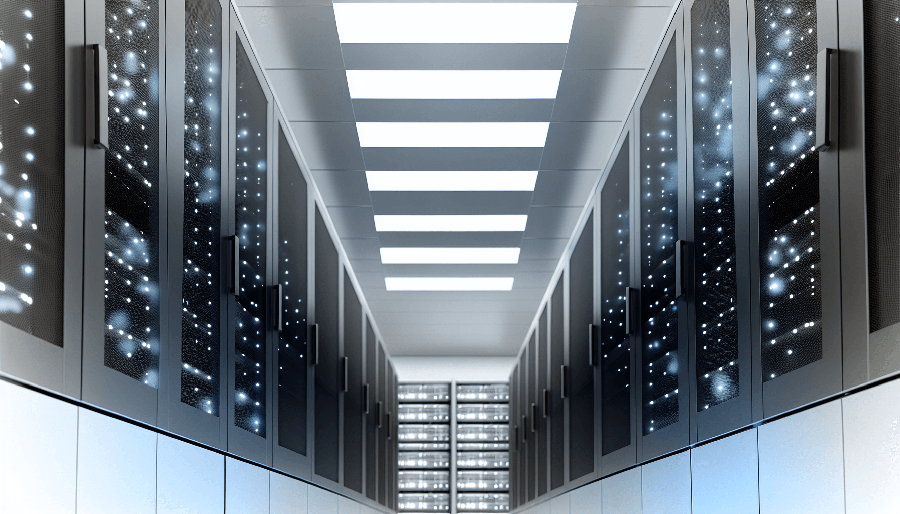 High-tech data center interior with rows of server racks and subtle LED lighting.