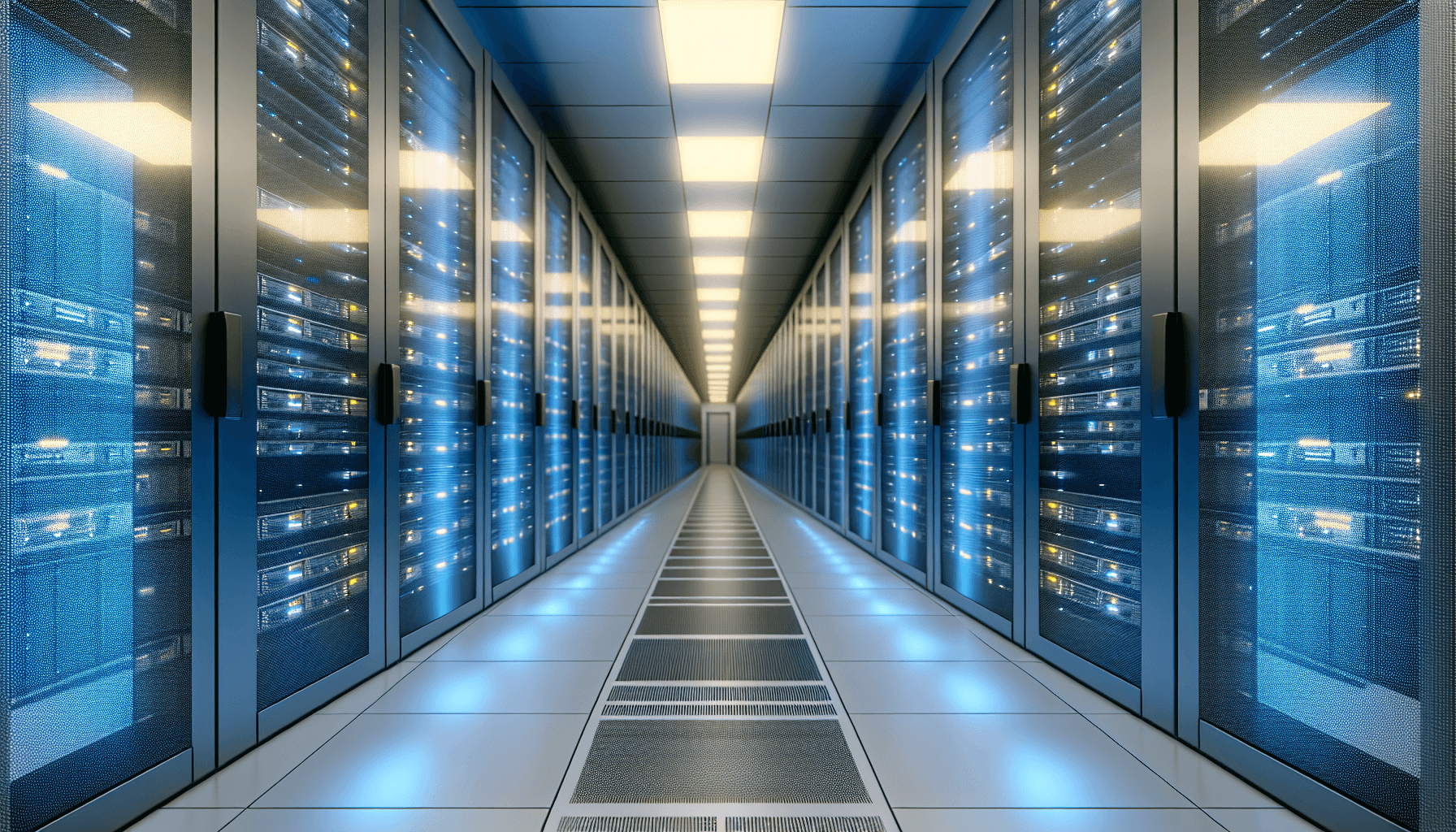 Interior view of a modern data center with rows of illuminated server racks.