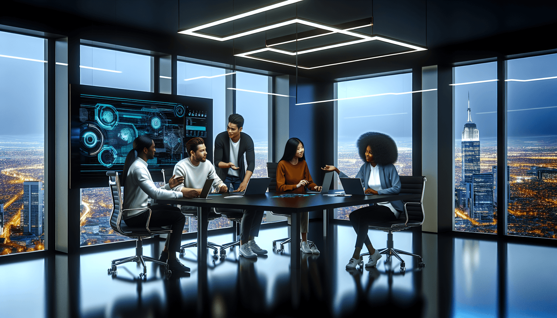 Young professionals working in a modern office on cybersecurity tasks, surrounded by technology and cityscape views.