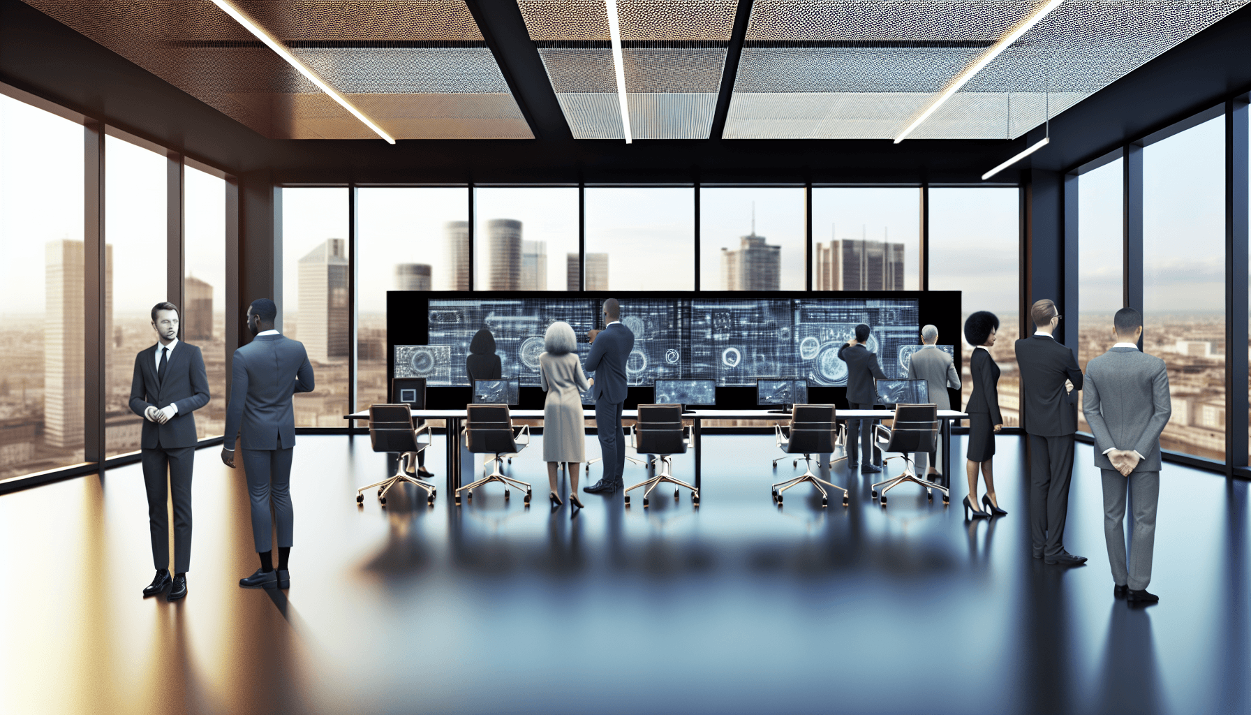 A diverse group of professionals collaborating in a modern office with digital interfaces, symbolizing EU digital identity infrastructure.