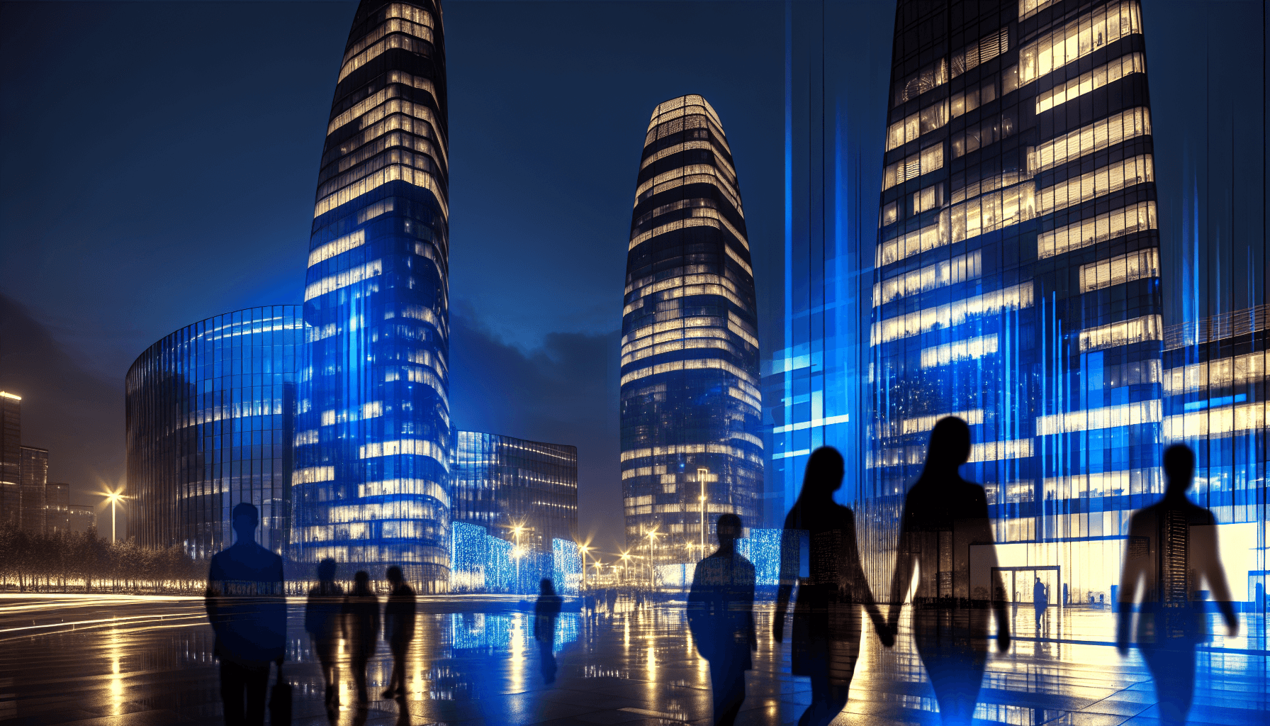 A modern European cityscape at dusk with illuminated skyscrapers, symbolizing digital infrastructure.