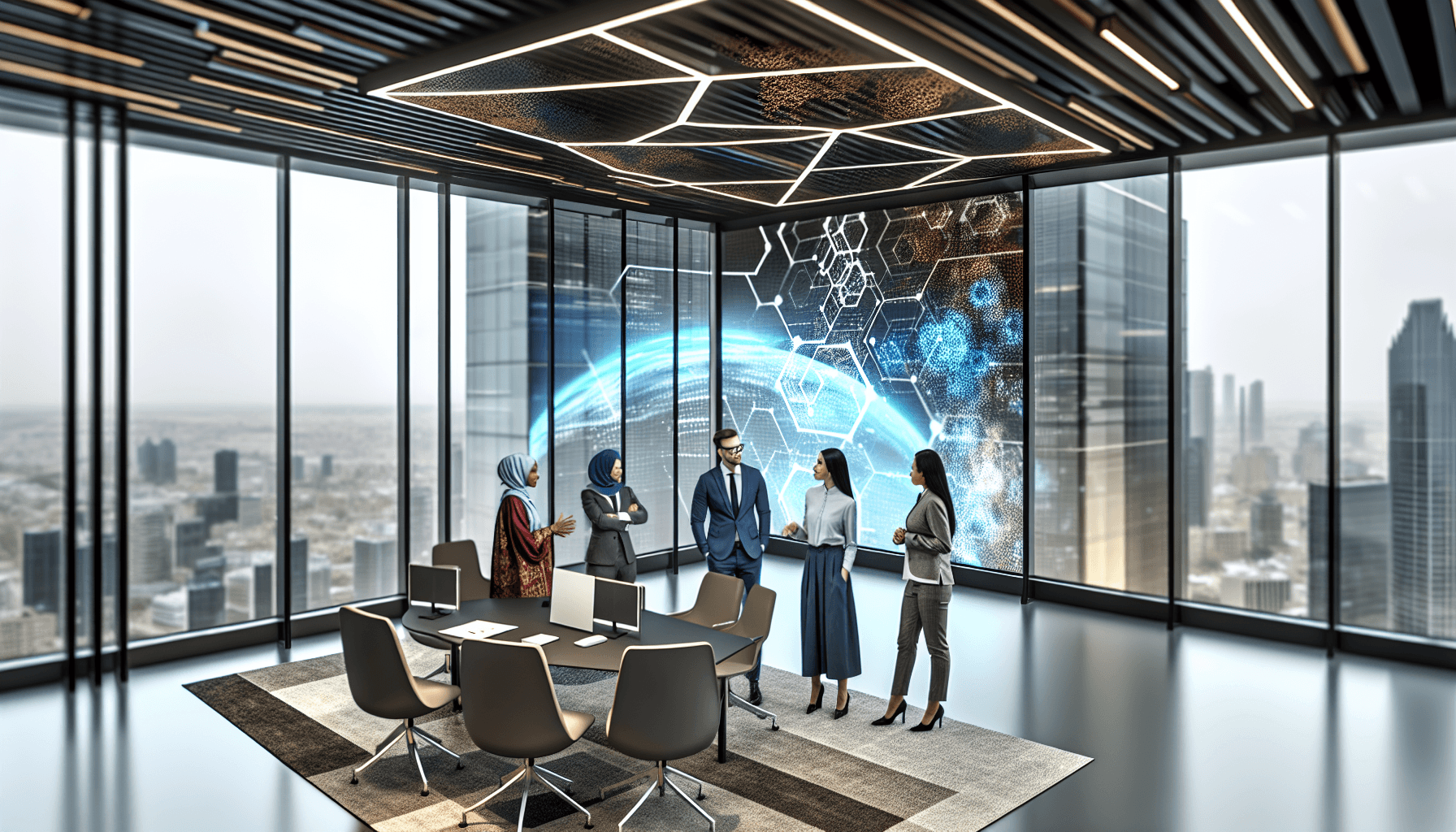 Cybersecurity professionals in a modern European office discussing network security on a digital screen.