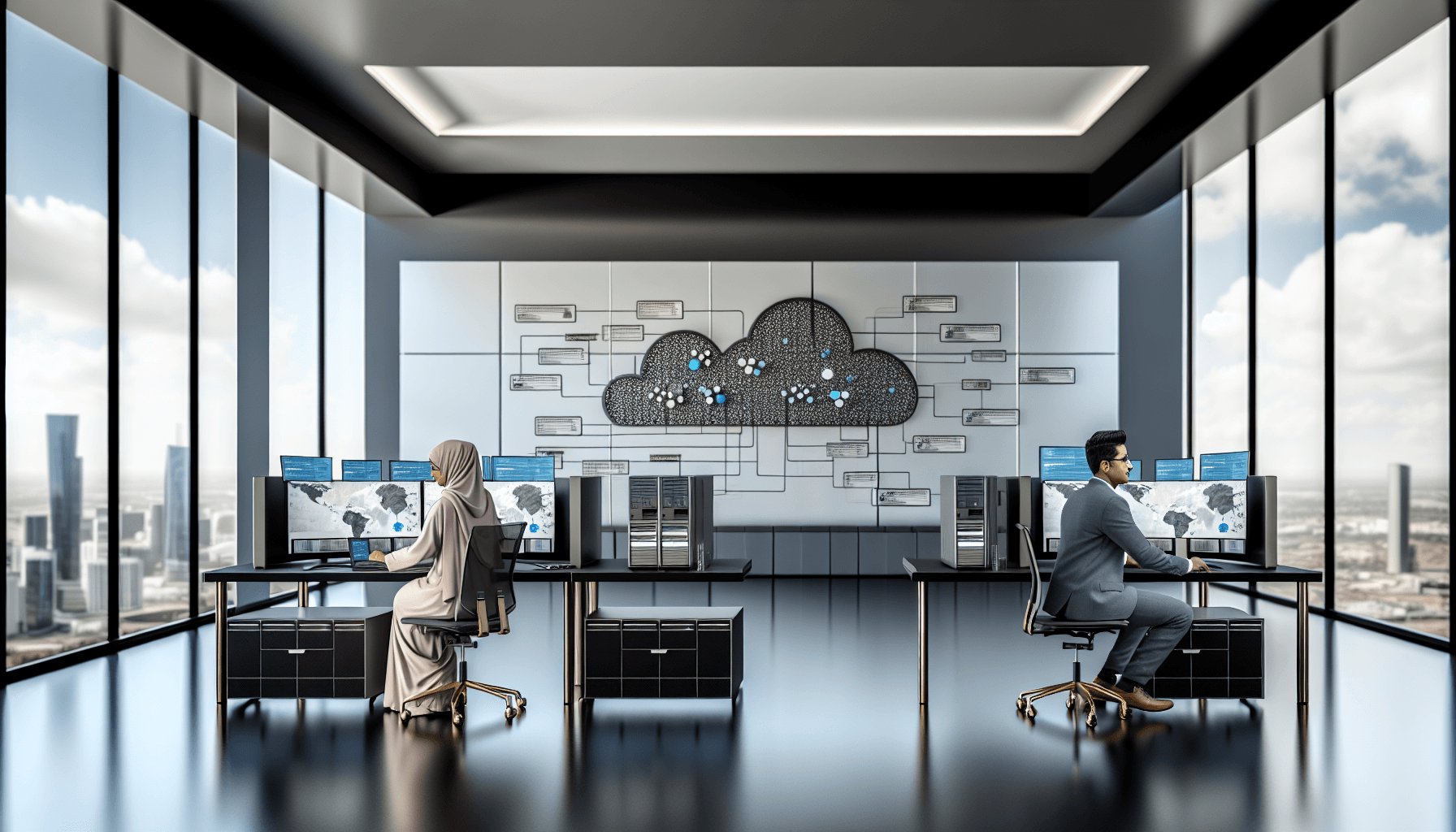 DevOps engineers working in a modern office on cloud infrastructure solutions, with a focus on collaboration and technology.