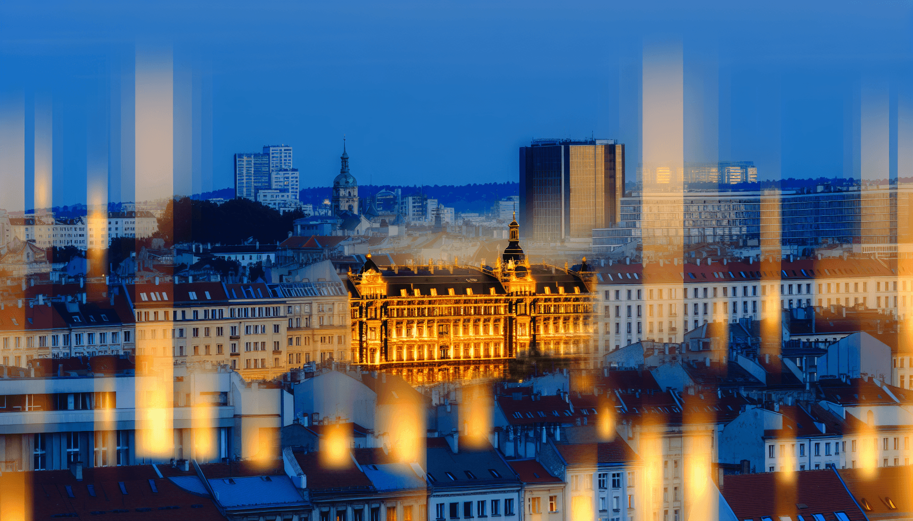 European cityscape at dusk blending historic and modern architecture with tech influences.