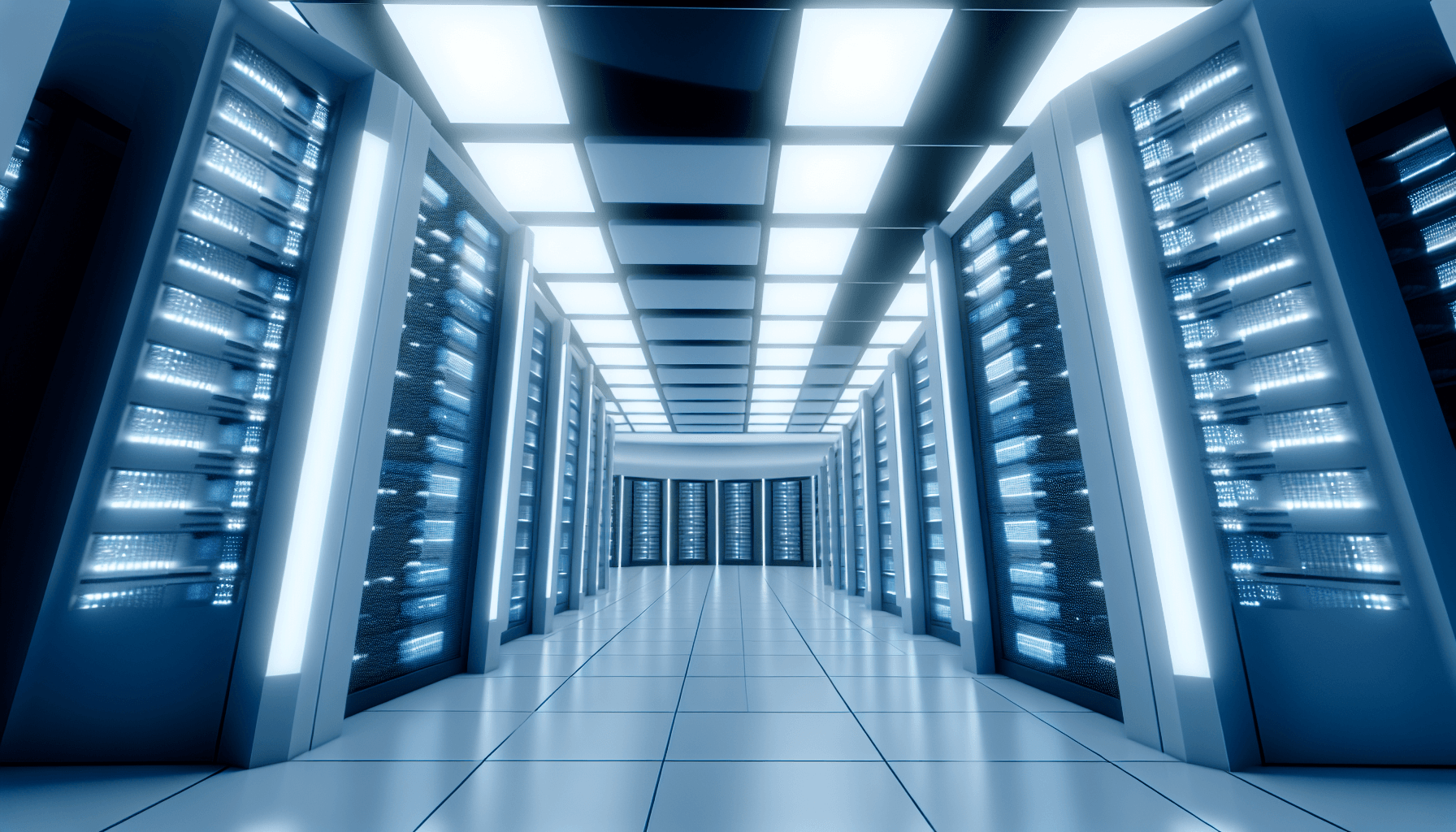 Futuristic data center with illuminated servers and modern architectural design.