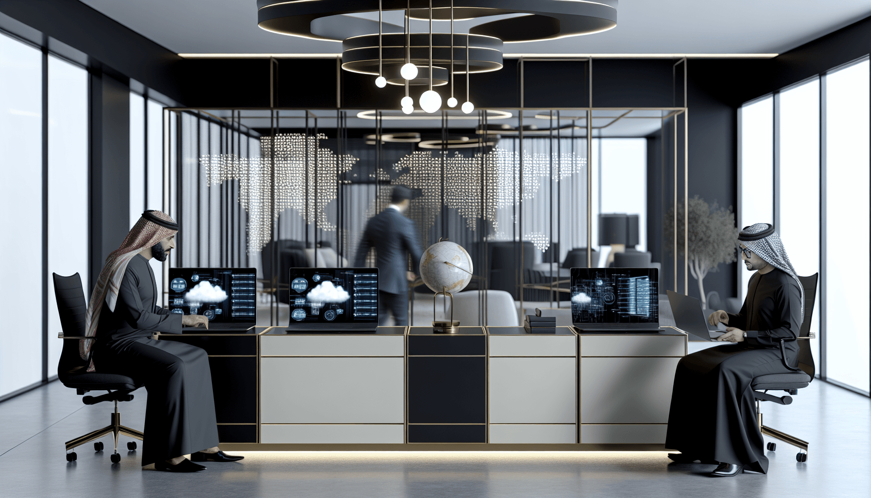 Tech professionals working collaboratively in a modern office with cloud infrastructure visuals on screens.