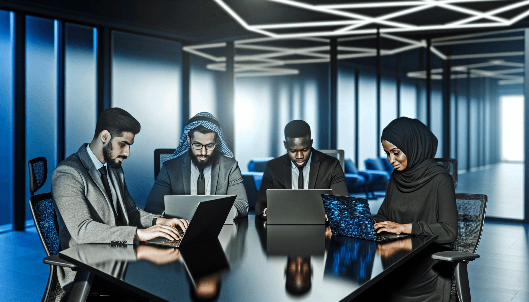 A diverse team of developers working together in a modern, stylish office, symbolizing collaboration in mobile app development.
