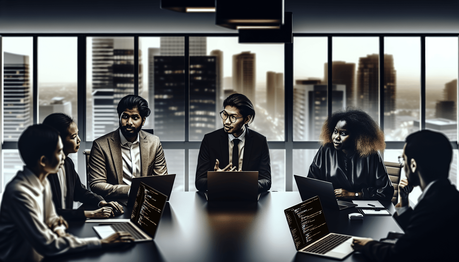 A diverse team of professionals collaborating in a modern office environment, with laptops displaying code, against a cityscape backdrop.