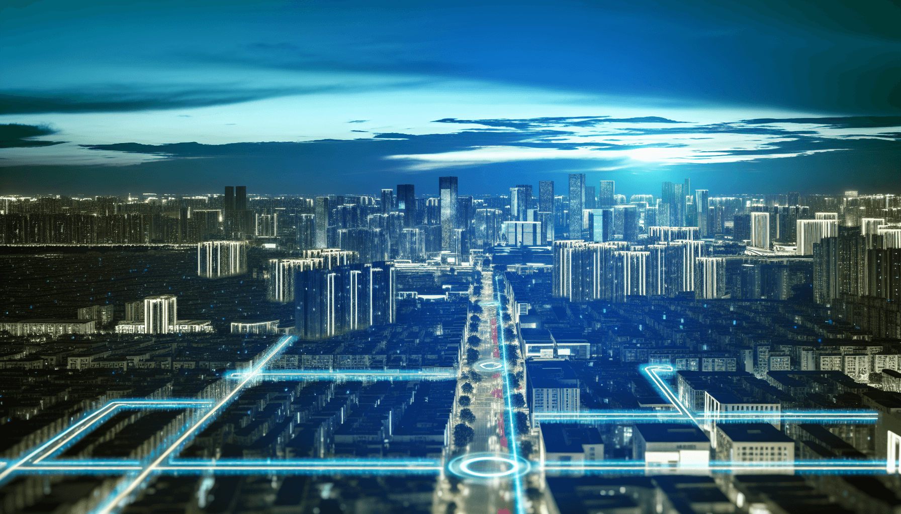 A futuristic cityscape at night with glowing buildings and smart city elements, symbolizing the impact of edge computing.