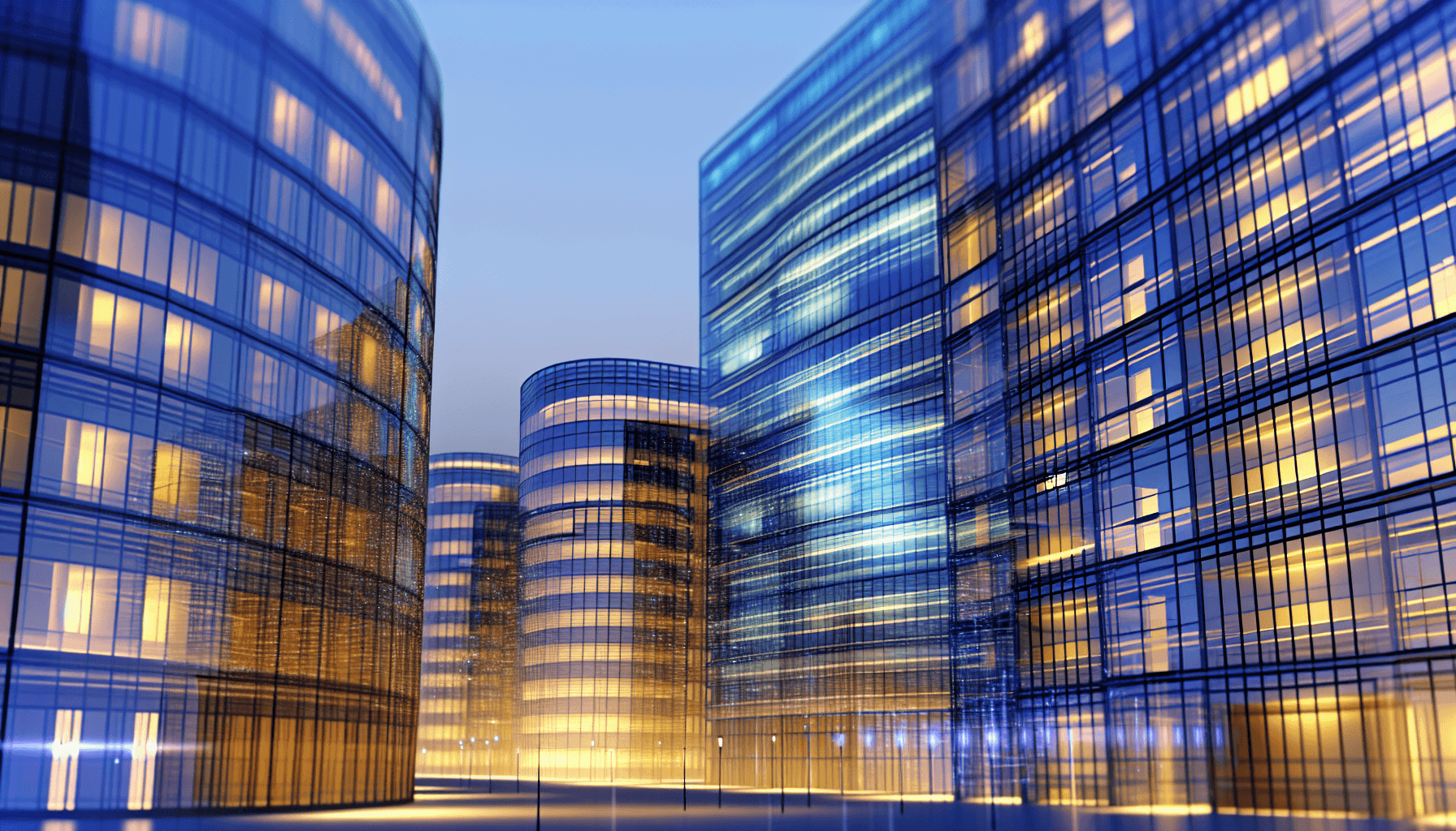 A cityscape at dusk with illuminated skyscrapers symbolizing digital infrastructure and technological growth in Europe.