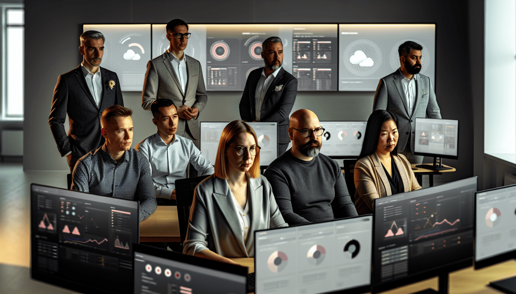 Tech team monitoring digital dashboards during a cloud outage in a modern office.
