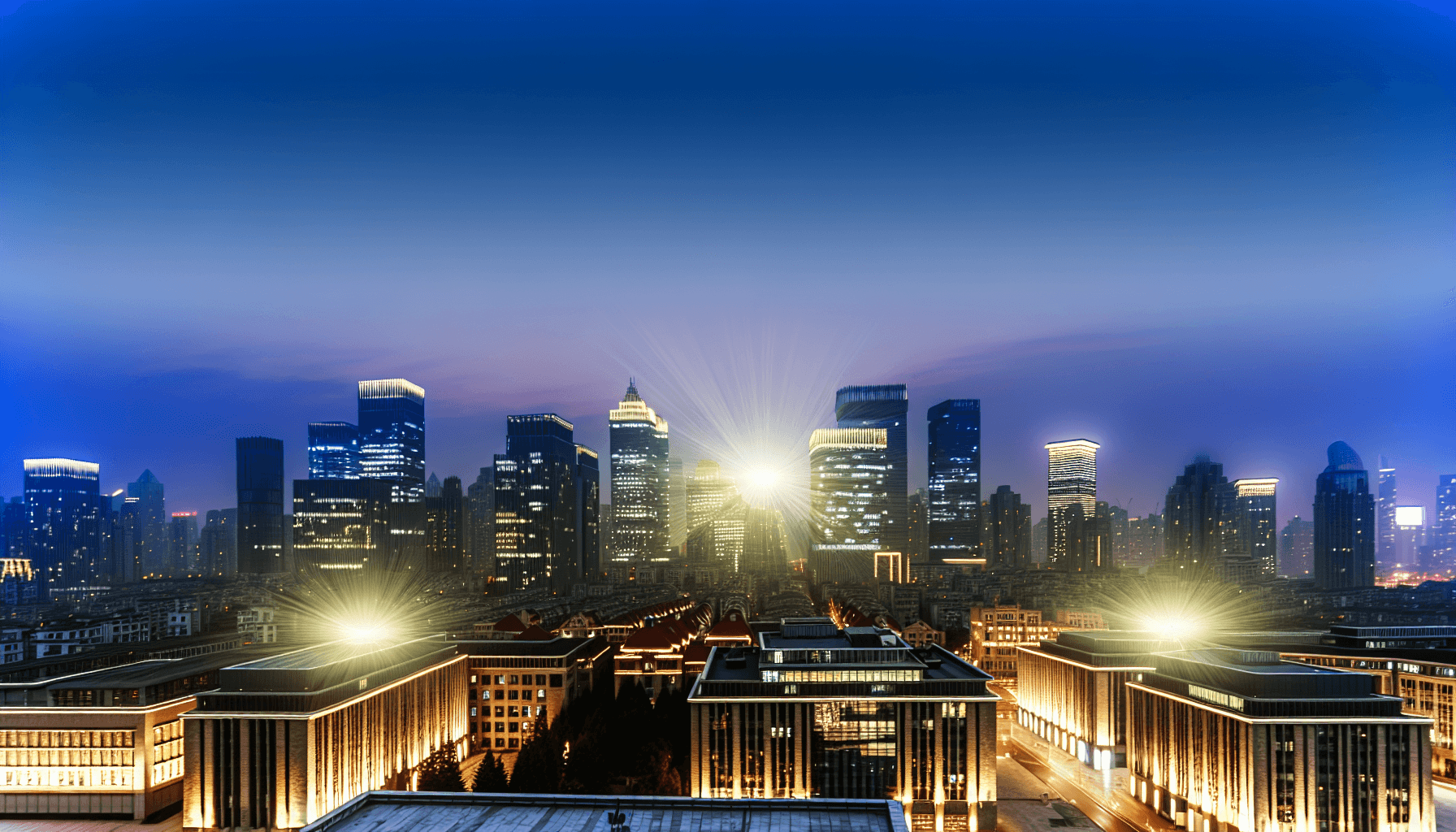 Panoramic view of a modern cityscape at dusk, with office buildings and streetlights glowing, representing a thriving tech environment.