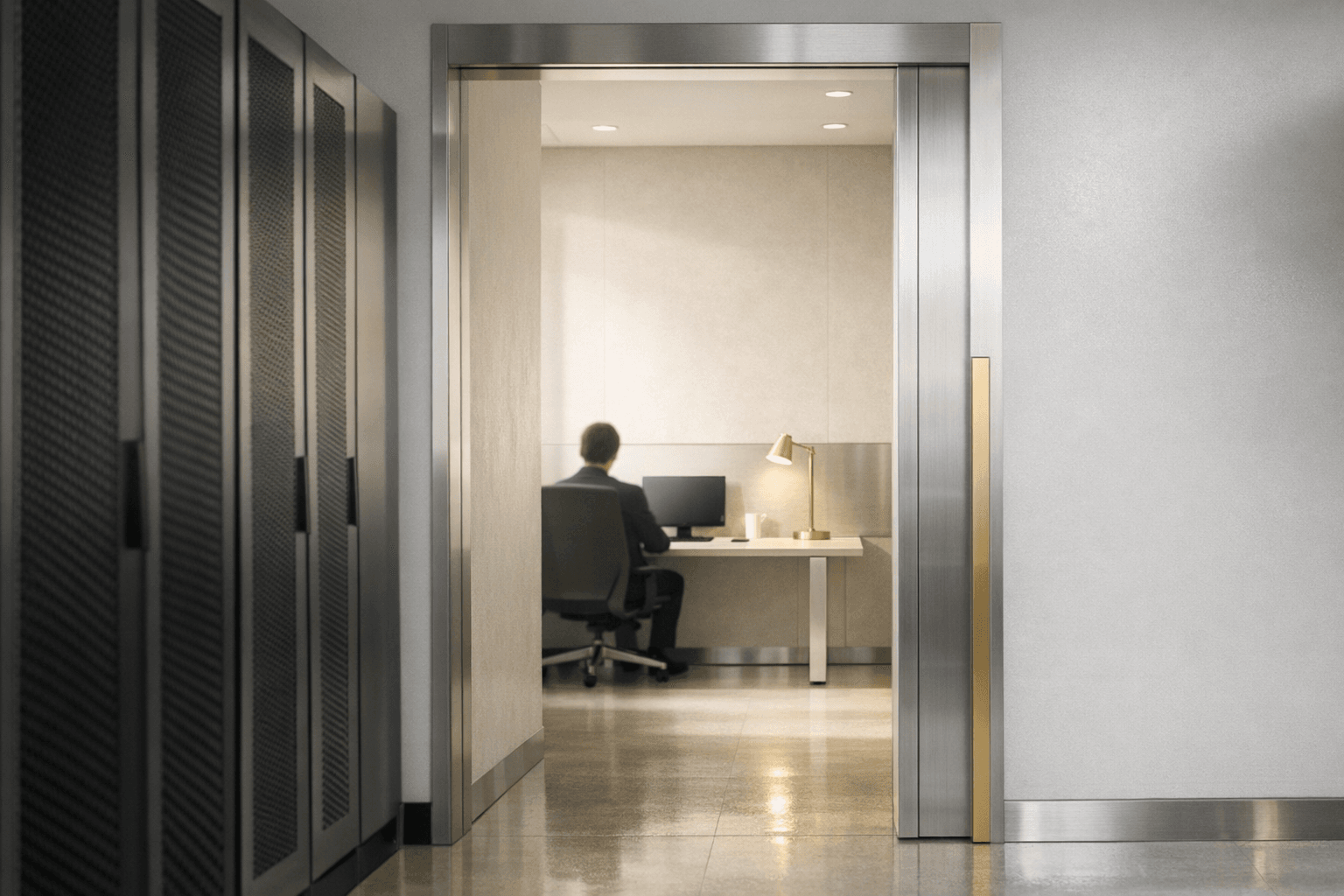 Bright modern corridor leading to a calm minimalist engineering workspace