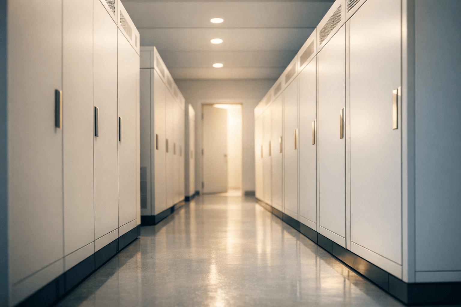 Light-toned server corridor leading toward a softly lit opening