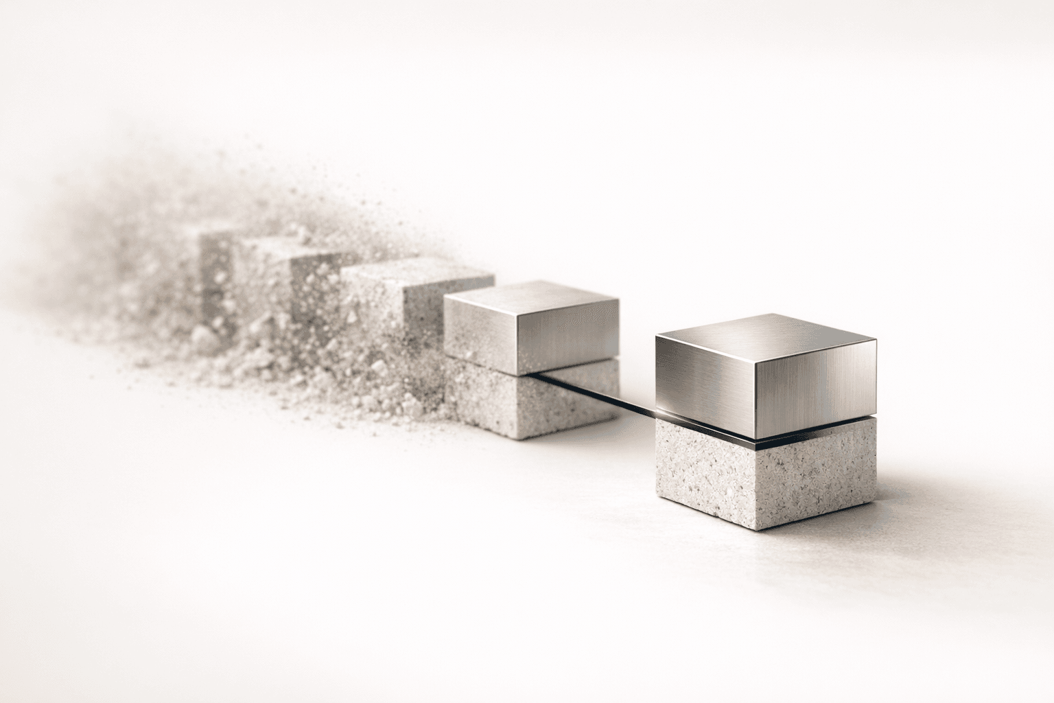 Minimal blocks fading away as a new block appears in a clean, light studio scene