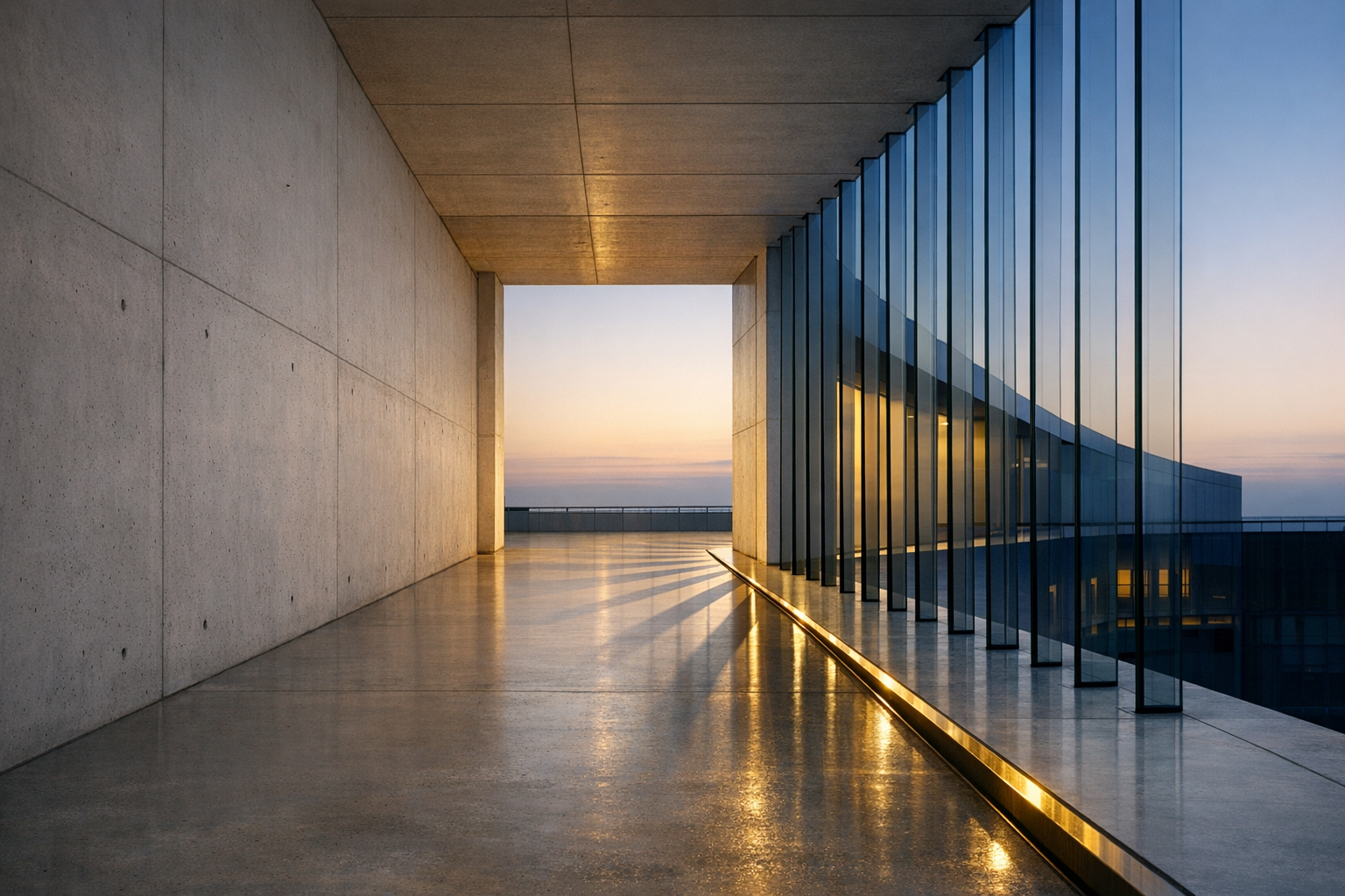 A light concrete corridor with glass fins, blue shadows, and a subtle gold reflection.
